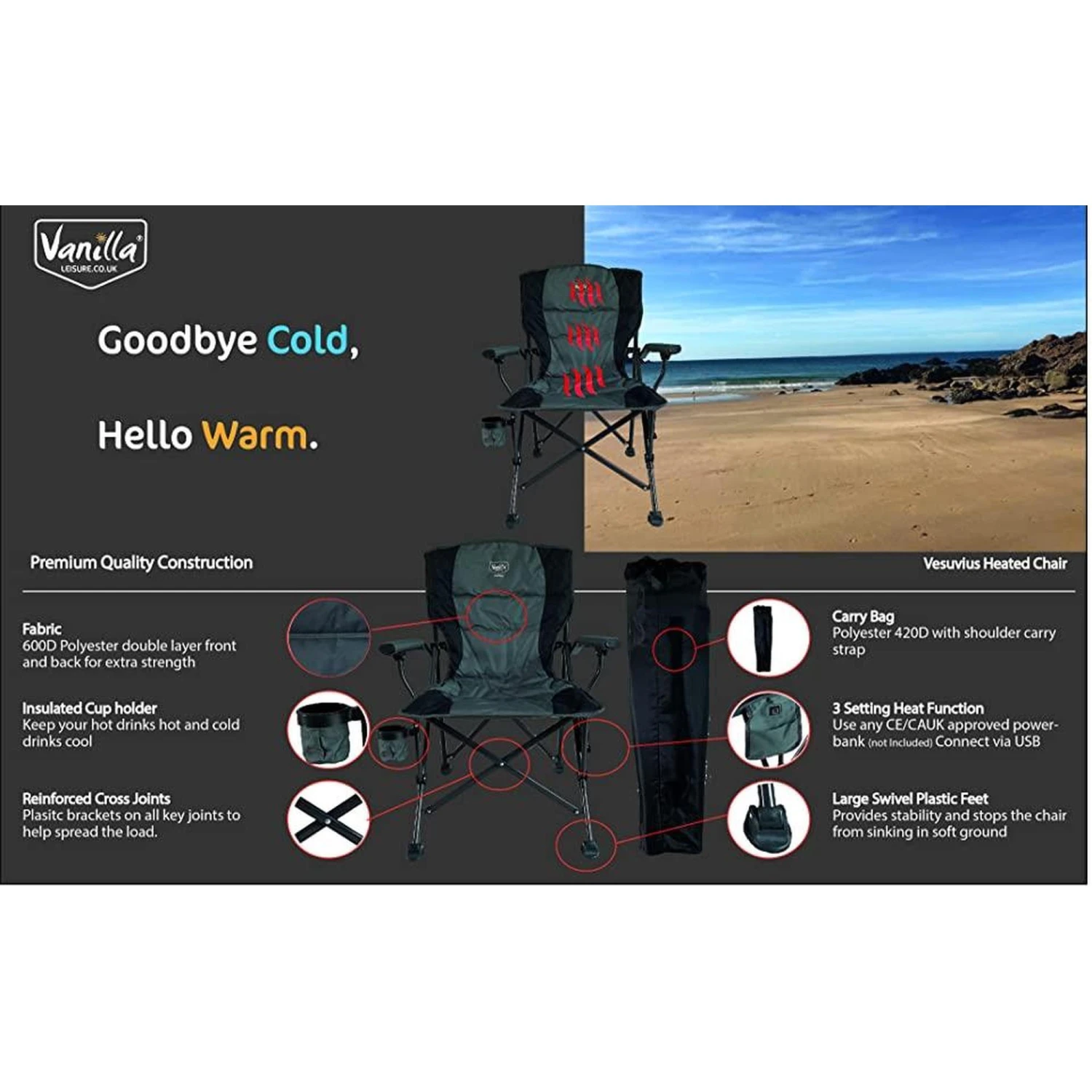 Vanilla Leisure Vesuvius Folding Heated Camping Chair + FREE Power Bank 5 Vanilla Leisure Vesuvius Folding Heated Camping Chair + FREE Power Bank - Image 3